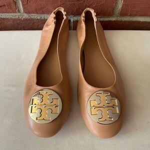 Tory Burch Claire Ballet Flats Shoes Almond Flour Nude Leather Silver Size 8.5